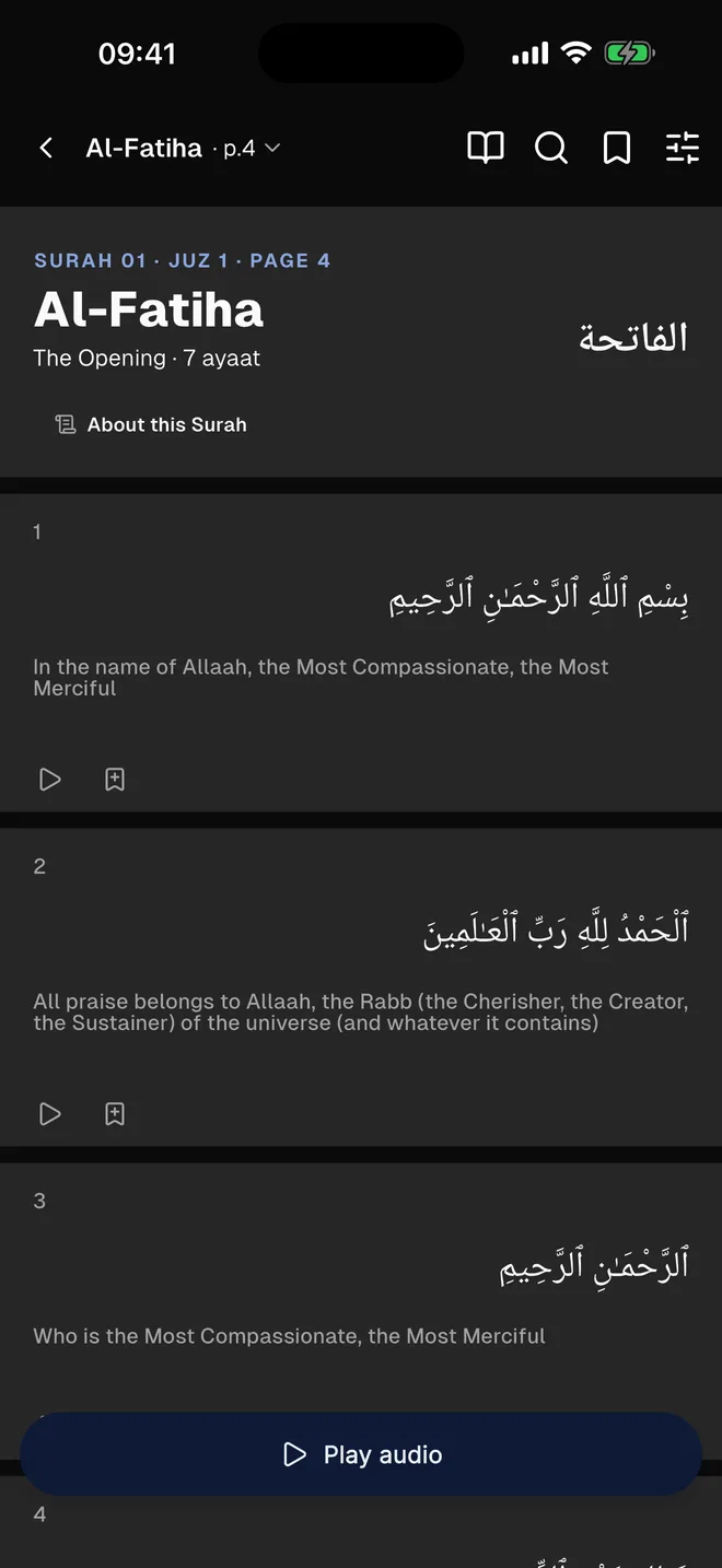 The translation view: each ayah in Arabic with the Quraan Made Easy translation beneath it