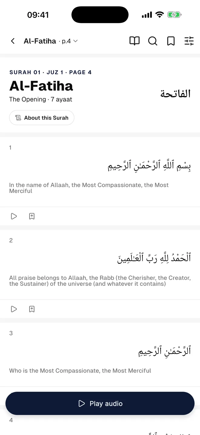 The translation view: each ayah in Arabic with the Quraan Made Easy translation beneath it